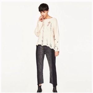 Zara Knit Distressed Cream Sweater Slouchy Size Medium